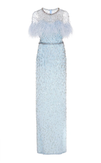 Shop Jenny Packham Meline Feather-trimmed Sequined Gown In Blue