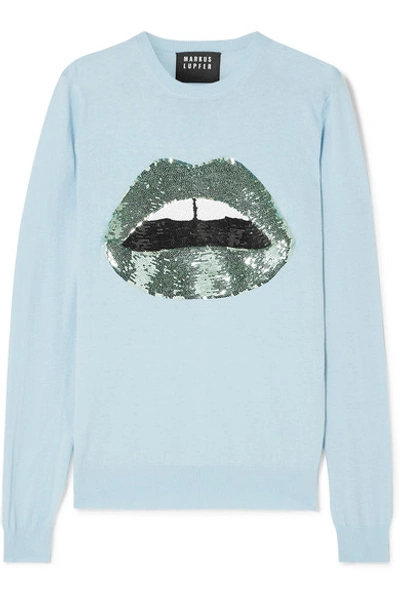Shop Markus Lupfer Mia Sequined Cotton Sweater In Blue