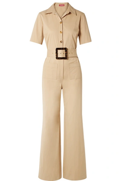 Shop Staud Davey Belted Cotton-blend Gabardine Jumpsuit In Beige