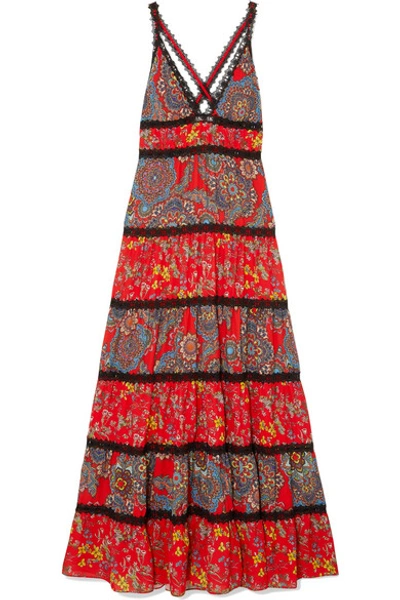 Shop Alice And Olivia Karolina Crochet-trimmed Printed Crepe Maxi Dress In Red
