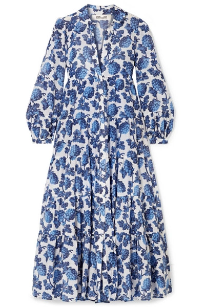 Shop Diane Von Furstenberg Kiara Printed Cotton And Silk-blend Midi Dress In Blue