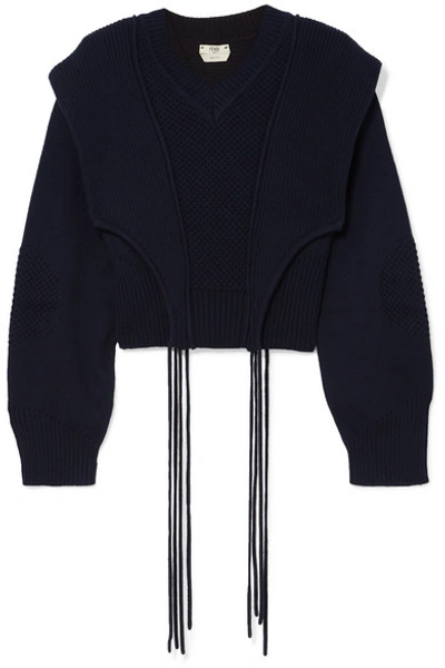 Shop Fendi Tie-detailed Panelled Cotton Sweater In Navy