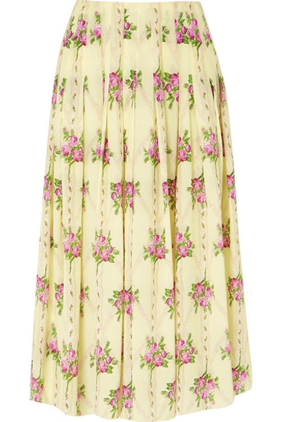 Shop Emilia Wickstead Pleated Floral-print Silk Crepe De Chine Midi Skirt In Yellow
