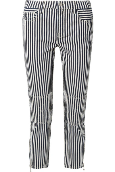 Shop Current Elliott The Cropped Lexton Striped High-rise Slim-leg Jeans In Navy