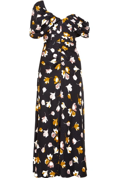 Shop Self-portrait Off-the-shoulder Floral-print Satin Maxi Dress In Black