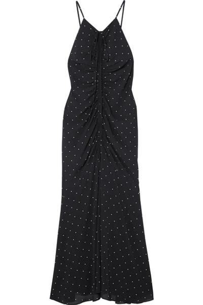 Shop Alice Mccall Oscar Ruched Polka-dot Chiffon Midi Dress In Black