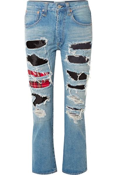 Shop Junya Watanabe Patchwork Distressed High-rise Straight-leg Jeans In Blue