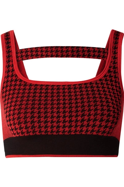 Shop Nagnata The Woolmark Company Cutout Houndstooth Technical Stretch-knit Sports Bra In Claret