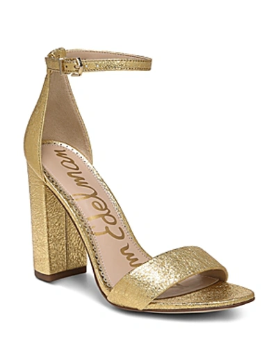 Shop Sam Edelman Women's Yaro Ankle Strap Block Heel Sandals In Gold Crackled Leather