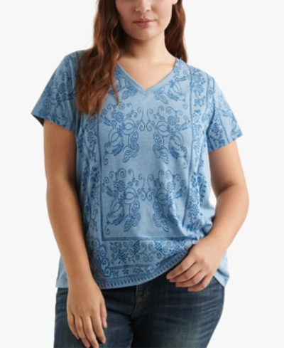 Shop Lucky Brand Plus Size Printed V-neck T-shirt In Blue Multi