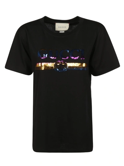 Shop Gucci Sequined Logo T-shirt In Black