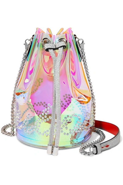 Shop Christian Louboutin Marie Jane Spiked Iridescent Pvc And Glittered-leather Bucket Bag In Clear