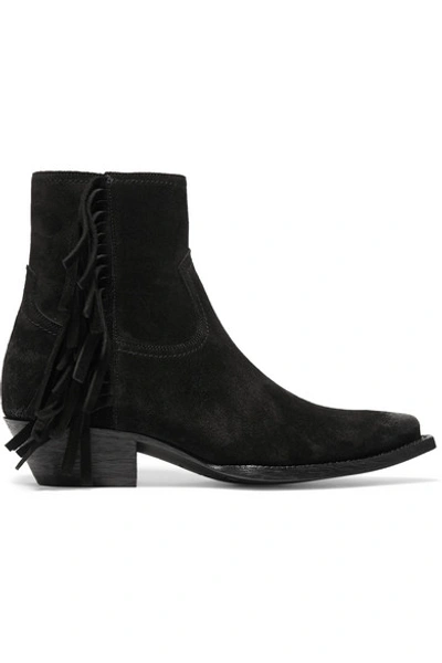 Shop Saint Laurent Lukas Distressed Fringed Suede Ankle Boots In Black