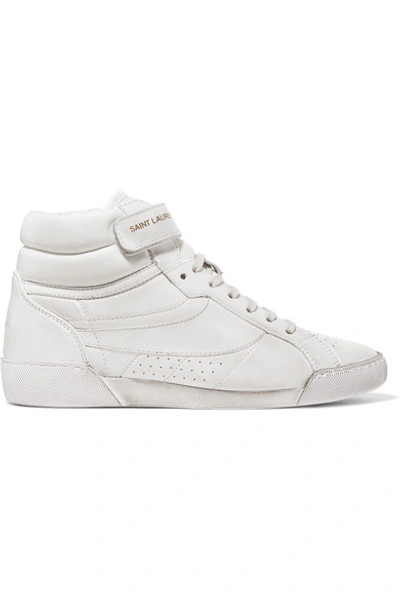 Shop Saint Laurent Lenny Logo-print Distressed Leather High-top Sneakers In White