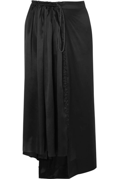 Shop Aries Asymmetric Frayed Silk-satin Midi Skirt In Black