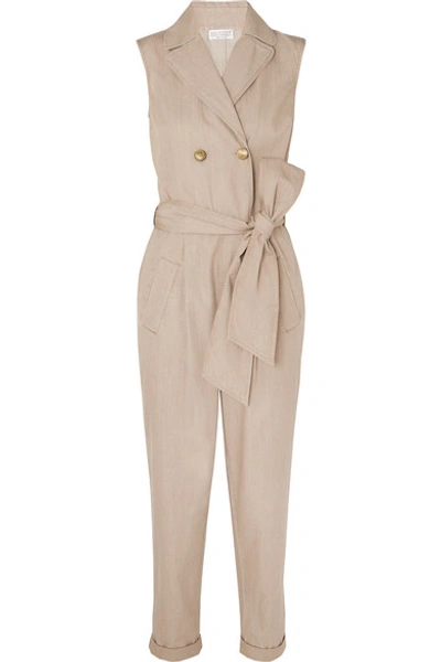 Shop Brunello Cucinelli Belted Cotton Jumpsuit In Beige