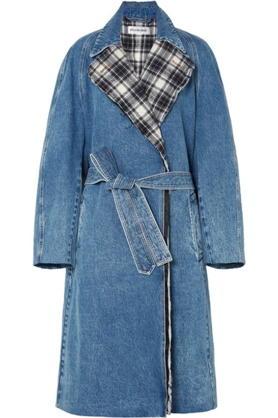 Shop Balenciaga Belted Denim And Quilted Checked Flannel Coat In Mid Denim