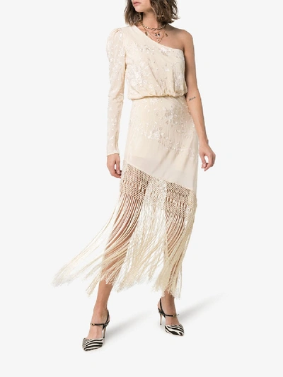 Shop Johanna Ortiz Sevillana Tan Sonriente Fringed Silk Dress In Neutrals