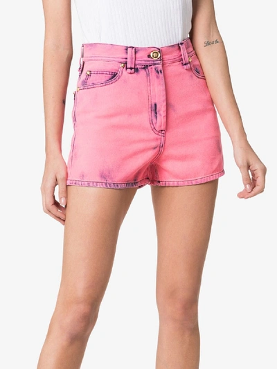 Shop Versace High-waisted Acid-wash Denim Shorts In A8705 Pink