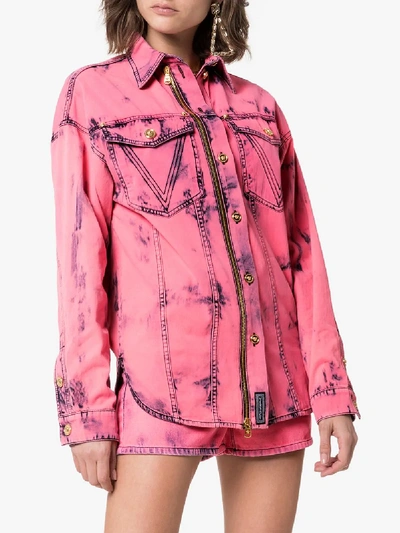 Shop Versace Acid Washed Denim Shirt In Pink