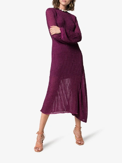 Shop Chloé Backless Ribbed Detail Knitted Silk Midi Dress In Purple