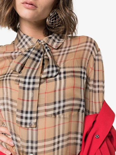 Shop Burberry Vintage Check Pussy-bow Silk Blouse In Beige
