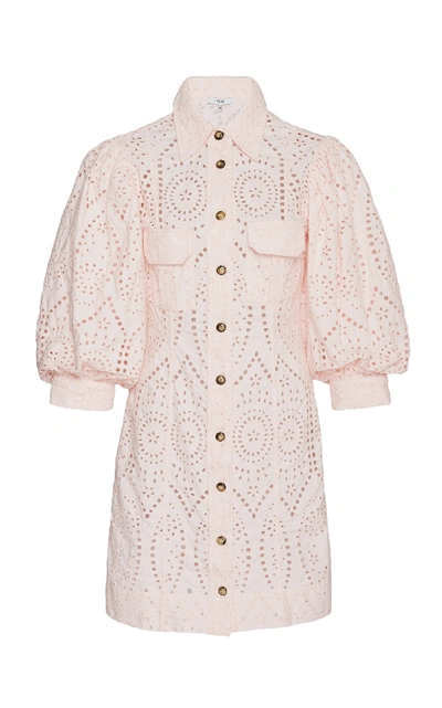 Shop Ganni Broderie Anglaise Cotton Mini Dress In Pink
