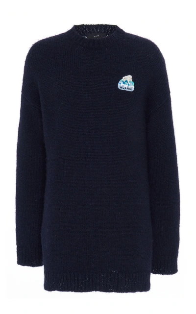 Shop Alanui Global Warming Embroidered Polar Bear Tunic Sweater In Navy