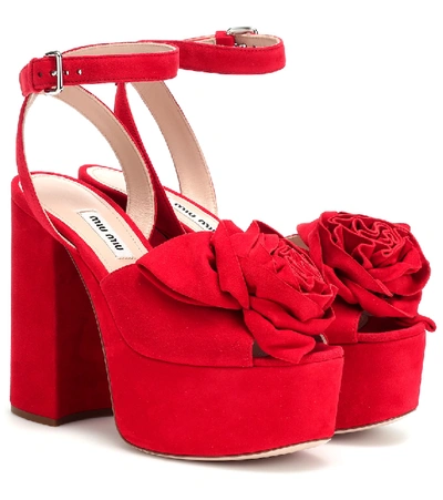 Shop Miu Miu Suede Plateau Sandals In Red