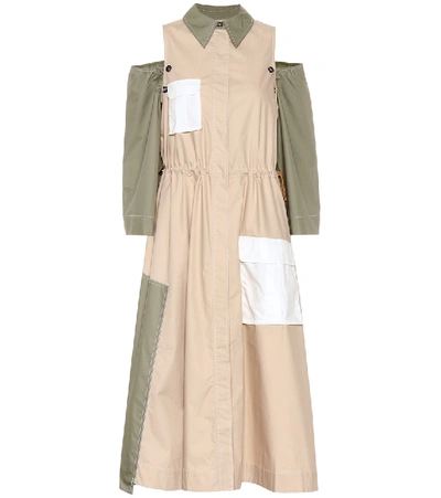 Shop Ganni Cold-shoulder Cotton Midi Dress In Beige