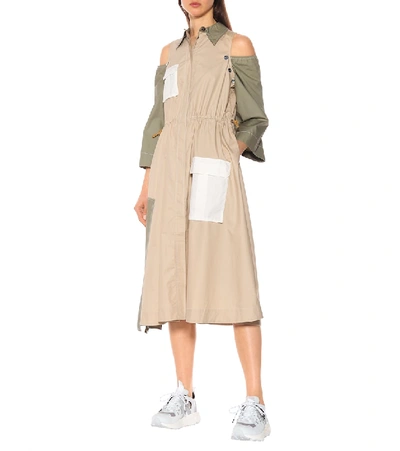 Shop Ganni Cold-shoulder Cotton Midi Dress In Beige