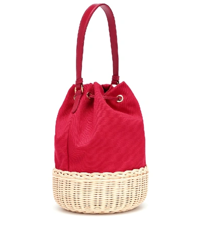 Shop Prada Canvas And Wicker Bucket Bag In Red