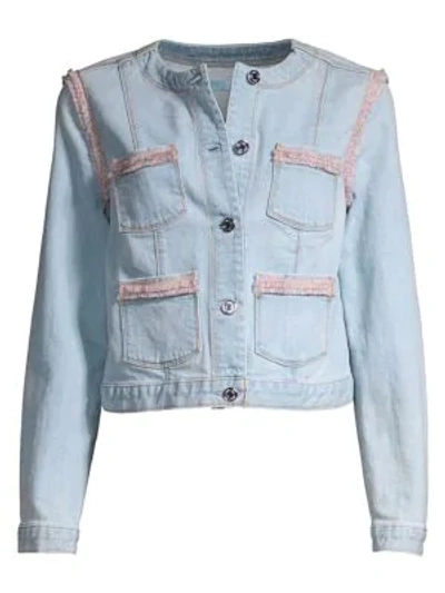 Shop 7 For All Mankind Collarless Fringed Denim Jacket In Sky Hi Blue 8