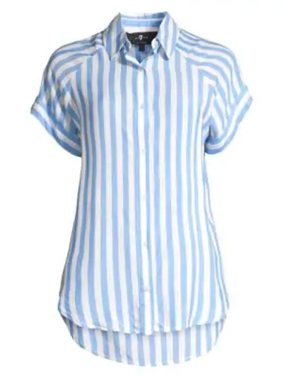 Shop 7 For All Mankind Striped Cap-sleeve Collared Shirt In Blue White Stripe