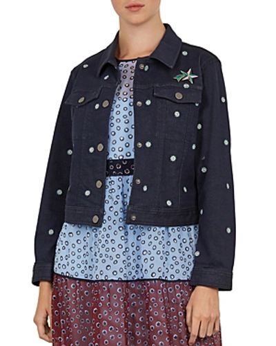 Shop Ted Baker Colour By Numbers Cavca Embroidered Denim Jacket In Mid Wash