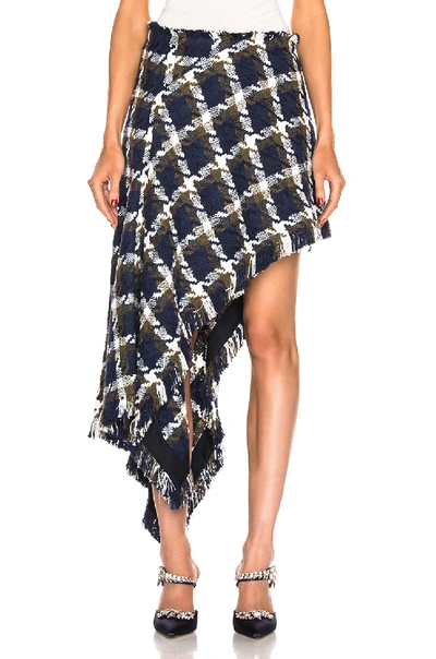 Shop Monse Tweed Asymmetrical Skirt In Navy, Olive & Ivory