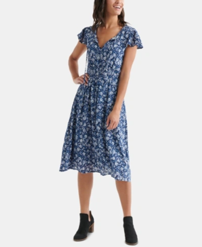 Shop Lucky Brand Olivia Floral-print Shirred Dress In Blue Multi