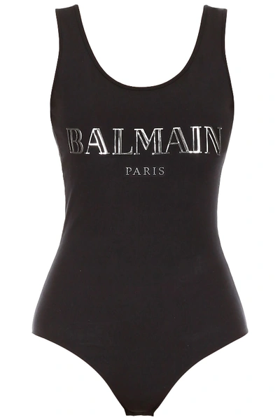 Shop Balmain Logo Bodysuit In Noir Argent|nero