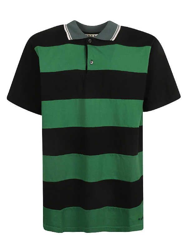 Marni Striped Panel Polo Shirt In Green/black | ModeSens