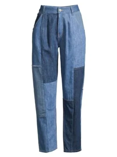 Shop Coach 1941 Denim Patchwork Pleated Crop Trousers In Blue