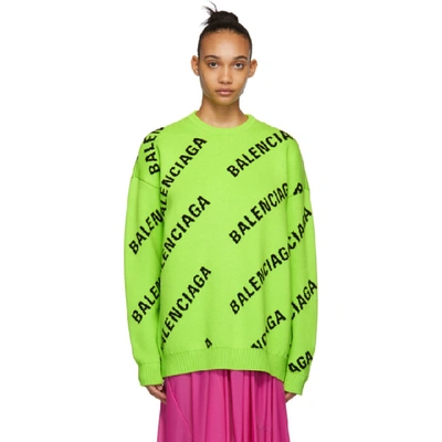Shop Balenciaga Green And Black Wool Allover Logo Sweater In 3560 Acidgr