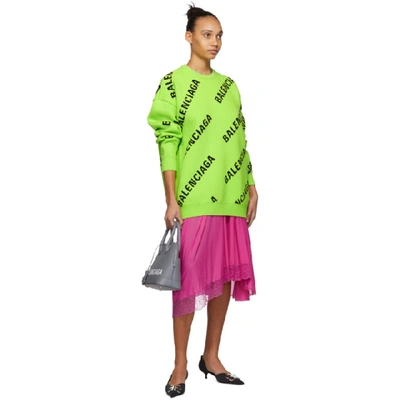 Shop Balenciaga Green And Black Wool Allover Logo Sweater In 3560 Acidgr