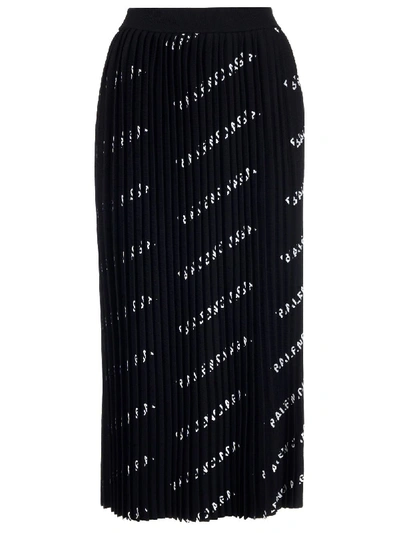 Shop Balenciaga Logo Pleated Knit Skirt In Black