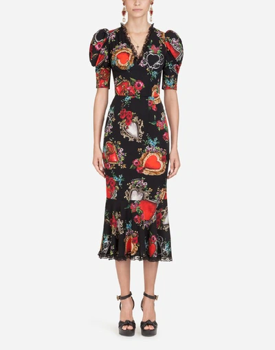 Shop Dolce & Gabbana Midi Dress In Heart And Rose Print Silk In Black