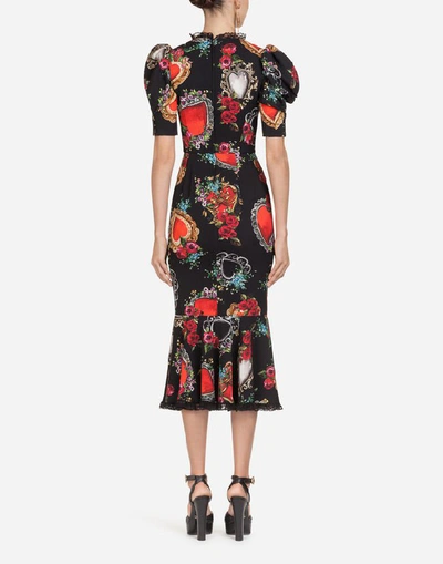 Shop Dolce & Gabbana Midi Dress In Heart And Rose Print Silk In Black