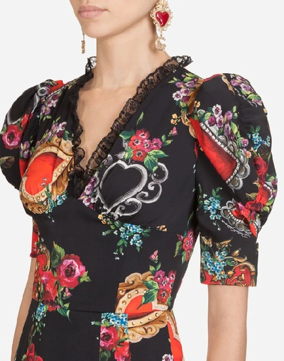 Shop Dolce & Gabbana Midi Dress In Heart And Rose Print Silk In Black