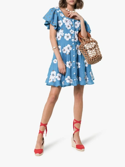 Shop All Things Mochi Kay Floral Embroidered Mini-dress In Blue