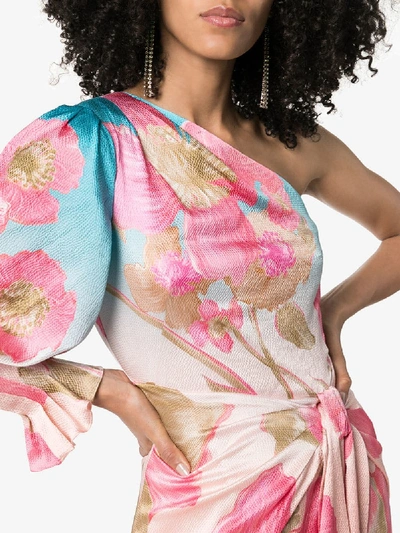 Shop Peter Pilotto One Shoulder Floral Print Silk Maxi Dress In Sky Poppy