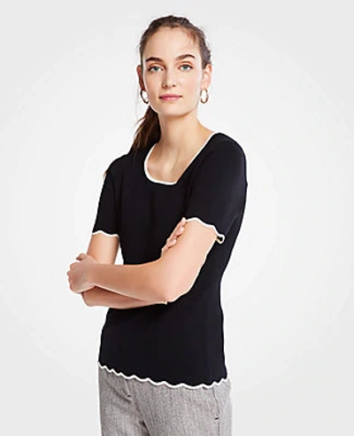 Shop Ann Taylor Petite Scalloped Sweater Tee In Black
