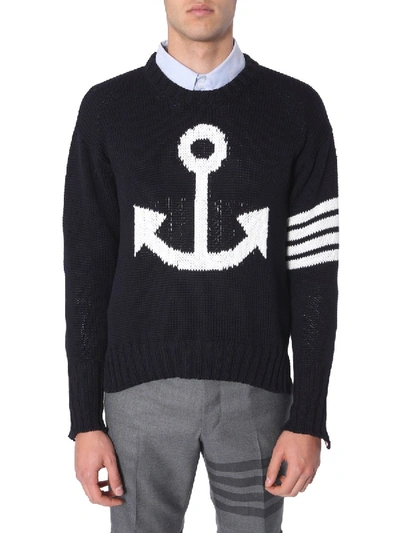 Shop Thom Browne Anchor Jacquard Sweater In Navy